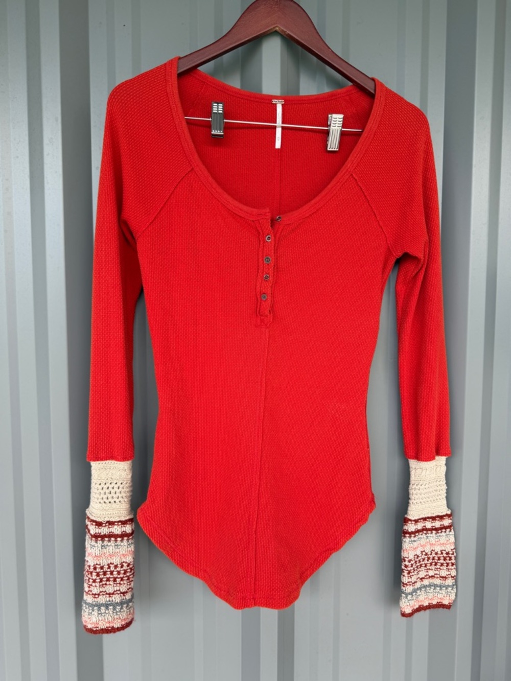 Free People Red Thermal Henley Top M Crochet Fair Isle Cuffs Boho Long Sleeve